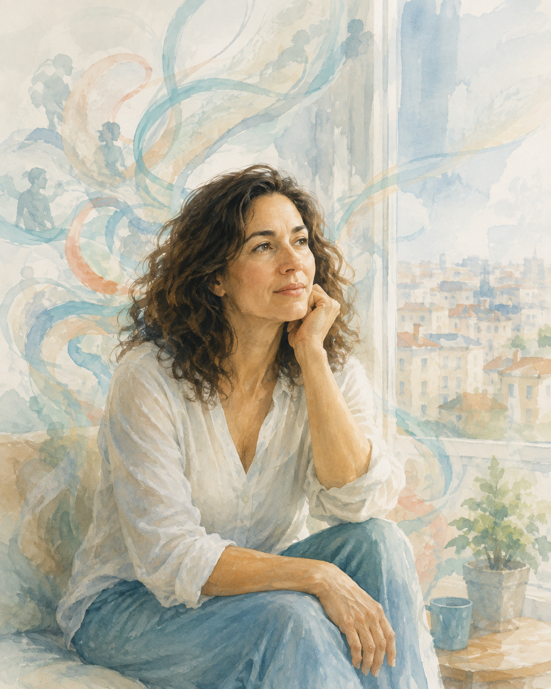 Mujer que vive fuera de su país reflexionando junto a una ventana